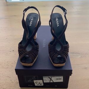 Authentic vintage Prada brown suede, platform cork heel sandals.